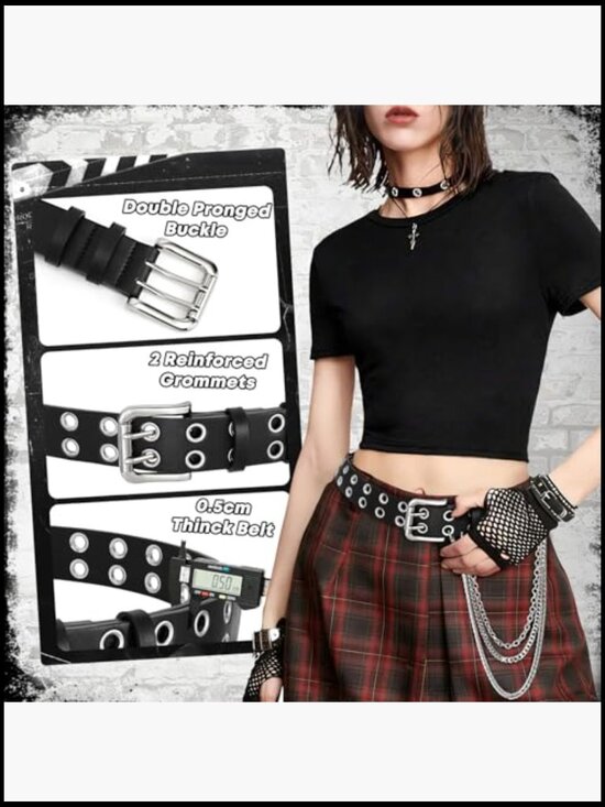 Quality Leather Double Grommet Studded Belt with Detachable Chain main image 5